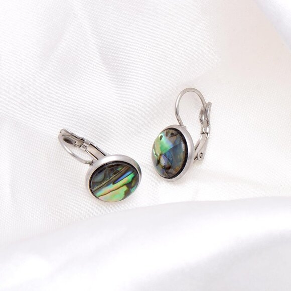 Handmade 10mm Abalone Shell Dangle Earrings for Women, Silver Steel, Gift-Ready - Picture 3 of 7